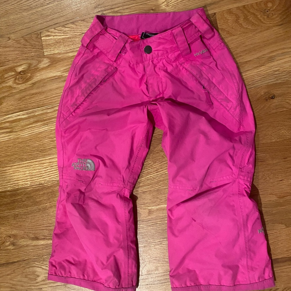 Kids bright pink north face snowpants.